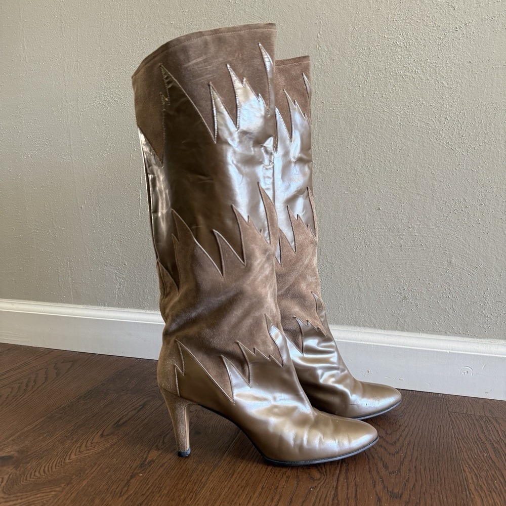 Vintage Western Boots Womens Fits 7.5 Tan Leather Knee High Pointed Toe Cowboy
